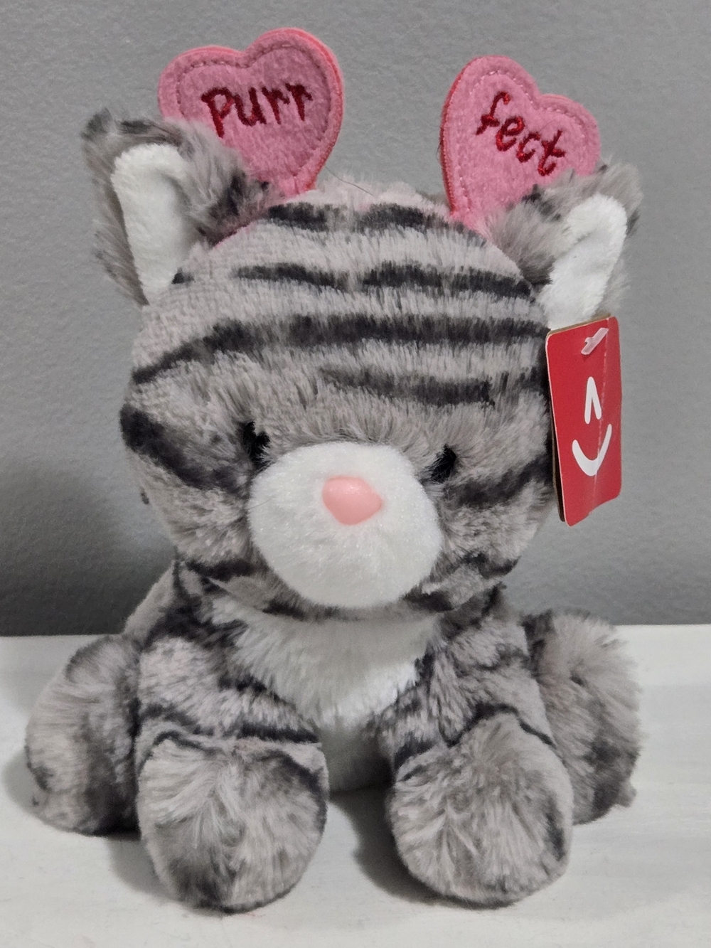 Plush Gray Striped Tabby Kitten Stuffed Animal - Pink Hearts Purr-Fect